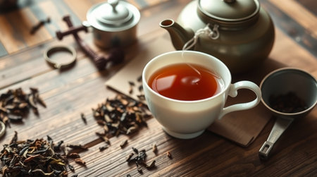 Cup of tea and teapot on wooden table, closeupの写真素材