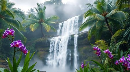Tropical waterfall with palm trees and orchids in the rainforestの写真素材