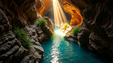 Fantasy scene of a beautiful green river in the canyon with rays of light. 3d renderingの写真素材