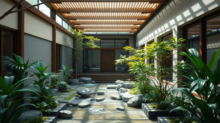 Japanese garden with stone floor and green plants,3d render.