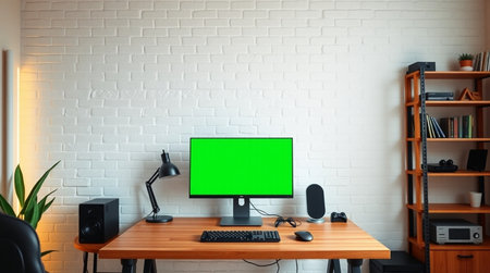 Computer with green screen on the desk in the room. 3d rendering.の写真素材
