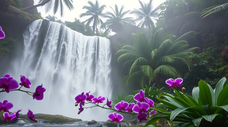 Beautiful waterfall in the jungle with pink orchids and palm treesの写真素材
