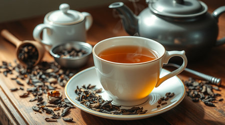 Cup of tea with teapot and cups on wooden tableの写真素材