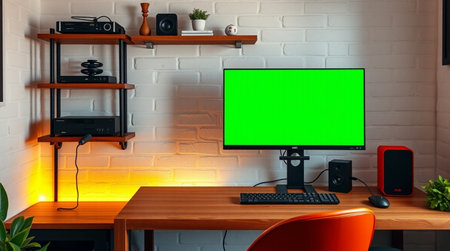 Computer with green screen on wooden desk at home. 3D rendering.の写真素材