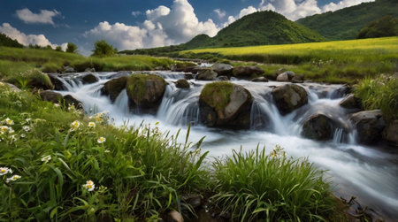 Beautiful summer landscape with a mountain stream and green meadow.の写真素材