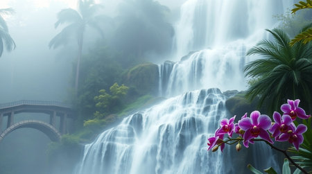 Tropical waterfall with orchid flower and bridge in the mistの写真素材