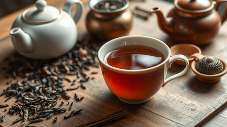 Cup of tea and teapot on wooden table, closeupの写真素材