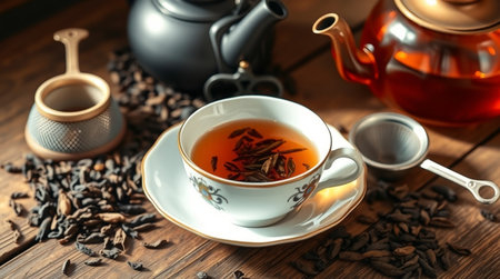 Cup of black tea with teapot on wooden table, closeup