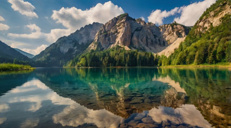 Idyllic alpine lake braies in south tyrol, italyの写真素材