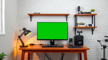 Modern workspace with green screen chroma key on wooden desk.