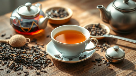 Cup of black tea and teapot on wooden table, closeupの写真素材