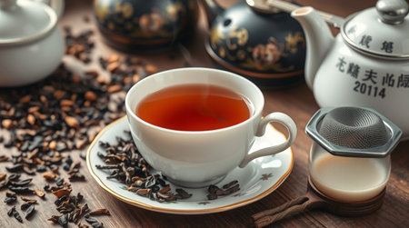 Cup of tea and teapot on wooden table, closeupの写真素材