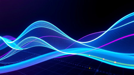 3d render, abstract background with blue glowing particles, lines and waves