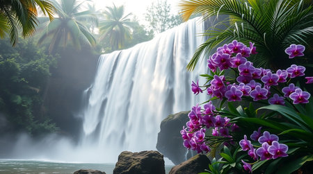 Beautiful waterfall in the jungle with orchids and palm treesの写真素材