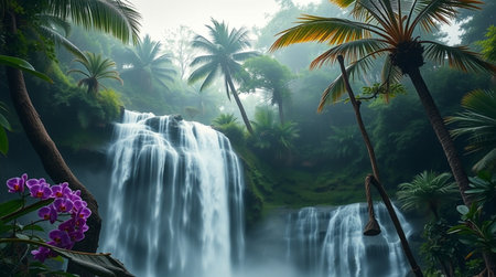 Tropical waterfall in the rainforest. Beautiful nature background.の写真素材