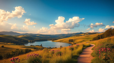 Panoramic view of Tuscany landscape with lake and mountainsの写真素材
