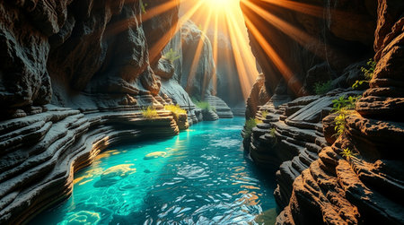 Fantastic landscape with turquoise water and rocks, 3d renderの写真素材