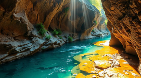 Beautiful canyon with turquoise water and sunbeams.の写真素材