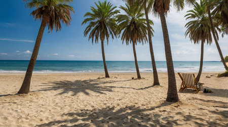 Palm trees on the sandy beach with blue sea and sky backgroundの写真素材