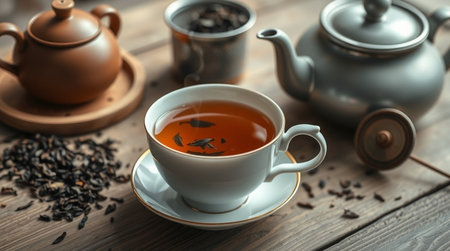 Cup of tea with teapot and cups on wooden table