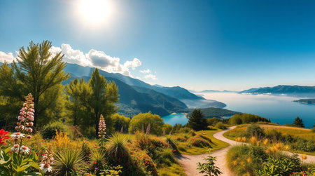 Panoramic view of Lake Como and the Alps.の写真素材