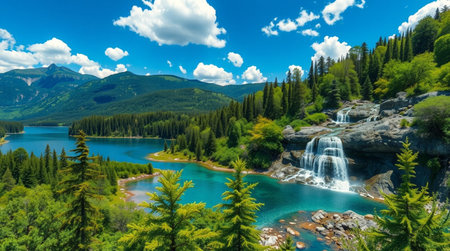 Panoramic view of turquoise lake with waterfall in the mountainsの写真素材