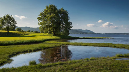 Panoramic view of a lake with trees and mountains in the background
