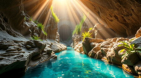 Fantasy landscape with river and rocks in the forest. 3d renderingの写真素材