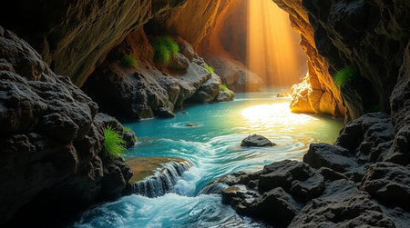 Mountain river with waterfalls in a cave. Nature composition.の写真素材