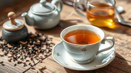 Cup of tea and teapot on wooden table, closeup
