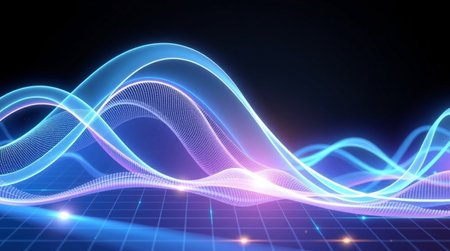 3D illustration of abstract technology background with blue glowing lines and waves