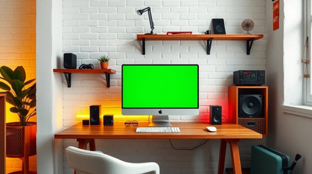 Modern workspace with computer. Green screen mockup. 3d renderの写真素材
