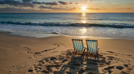 Two deck chairs on the beach at sunrise. Vacation concept.の写真素材