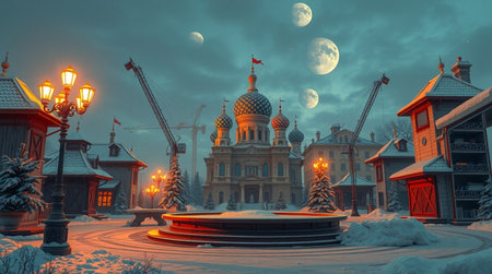 Fantasy landscape with church and moon at night. 3d renderingの写真素材