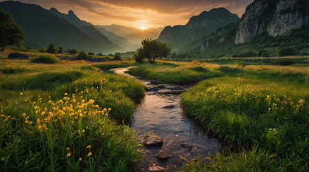 Panorama of a mountain river in the valley at sunset. Beautiful summer landscape.の写真素材