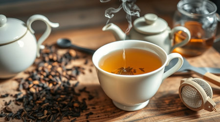 Cup of tea with teapot on wooden table, closeup