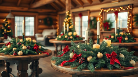 Christmas interior with fir branches and candles on a wooden table. Christmas decorationの写真素材
