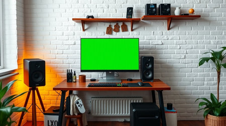 Computer with green screen on a desk in the room with a brick wallの写真素材