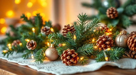 Christmas decoration with fir tree branches, cones and garland on wooden backgroundの写真素材