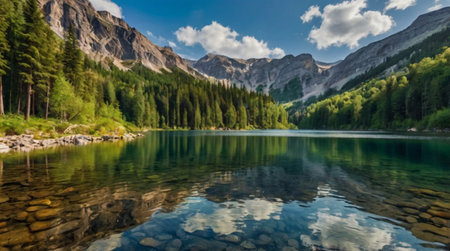 Beautiful alpine lake with crystal clear water and high mountains in backgroundの写真素材