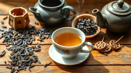 Cup of tea and teapot on wooden table, closeupの写真素材
