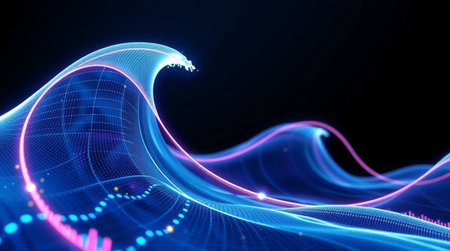 Futuristic technology wave with glowing particles. 3d rendering abstract backgroundの写真素材