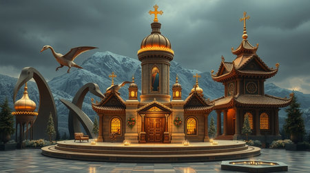 3D Illustration of a Fantasy Landscape with a Catholic Churchの写真素材