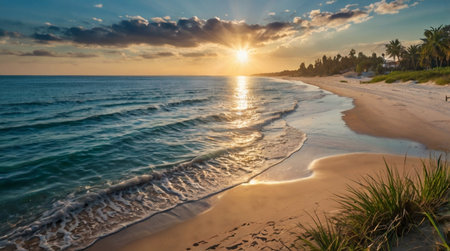Beautiful sunset on the beach. Panorama.の写真素材