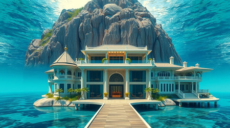 3D rendering of a villa in the sea with a beautiful landscapeの写真素材