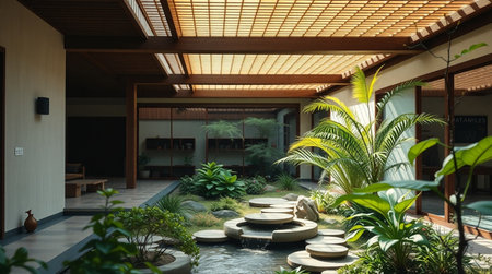 Garden with green plants and fountain