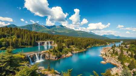 Aerial panoramic view of beautiful turquoise lake in the mountains. Summer landscape.の写真素材
