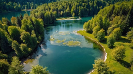 Aerial view of beautiful lake in the forest. Clip. Beautiful landscape with lake and forest.の写真素材