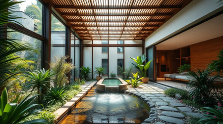 Luxury villa with swimming pool in tropical garden. 3d rendering