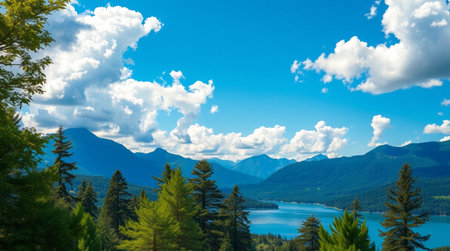 Beautiful mountain landscape with lake, forest and blue sky with clouds